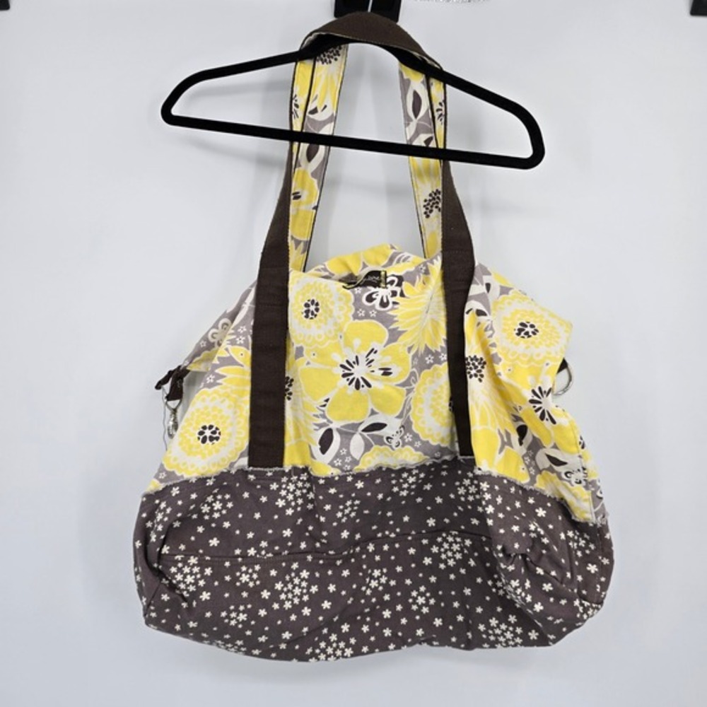 Thirty-One Floral Canvas‎ Tote Bag Yellow Grey Brown Mixed Pattern Shoulder Bag